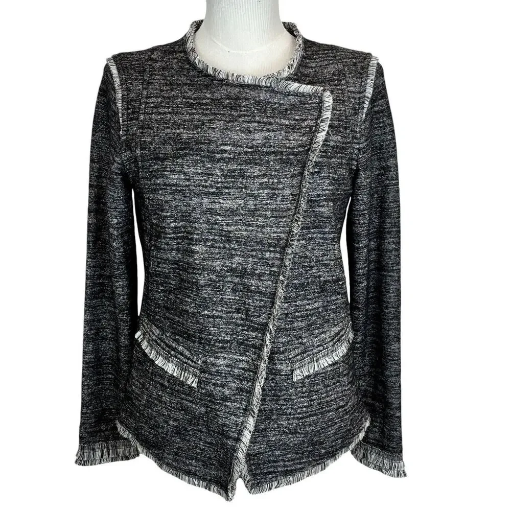 BANANA REPUBLIC Small Asymmetrical‎ Black Gray Tweed Jacket Fringe Career Casual